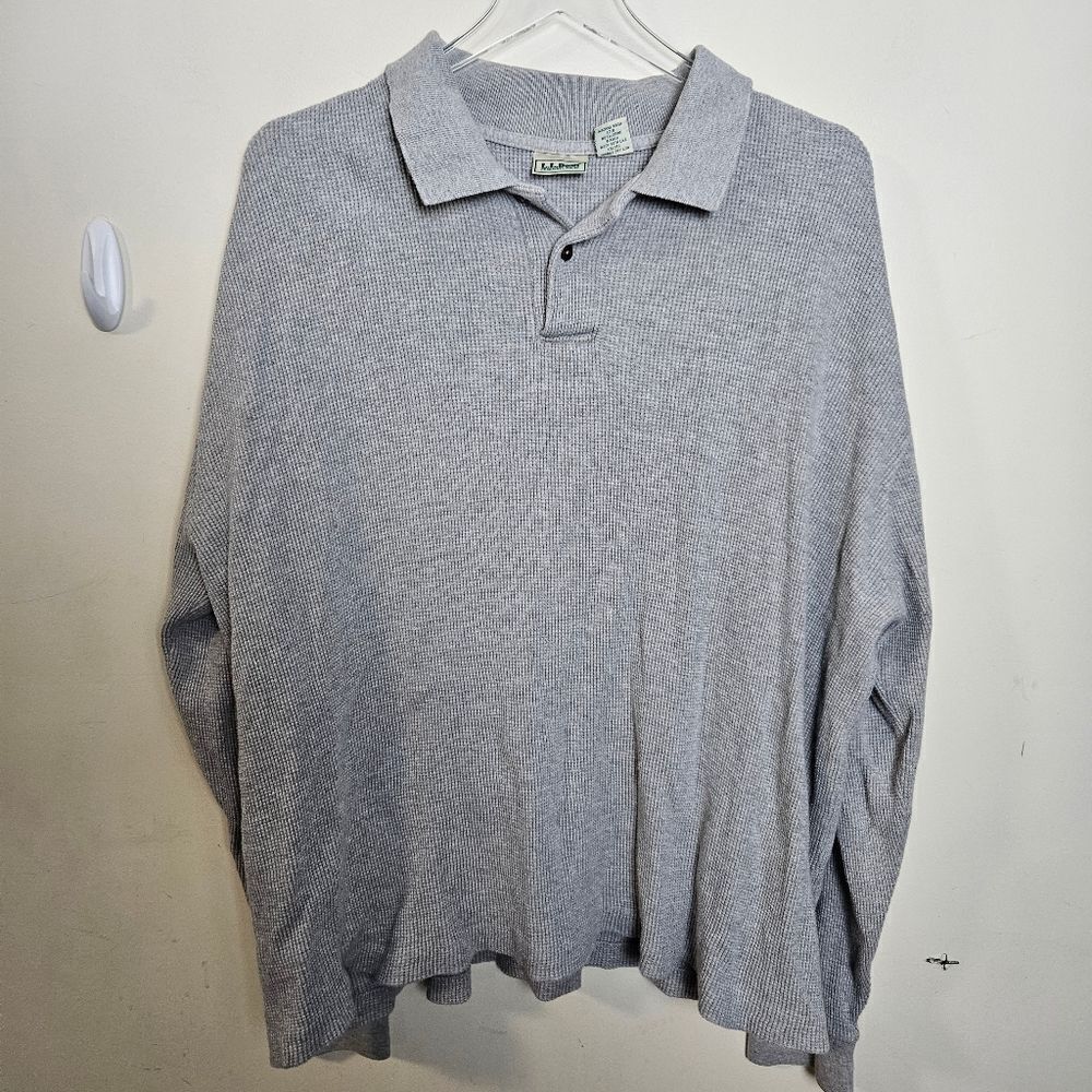 LL Bean Mens Thermal Waffle Polo 100% Cotton XL Grey
